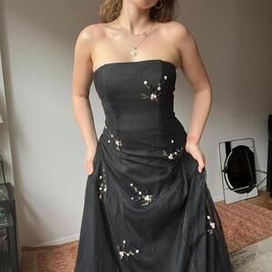 Vtg 90s black goth fairy floor length tulle mesh prom dress by sue wong